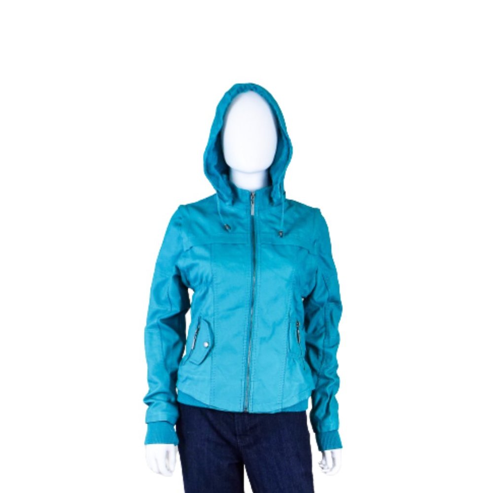 DOWNTOWN COALITION TEAL GREEN PU LEATHER HOODED CONVERTIBLE JACKET VEST - SMALL